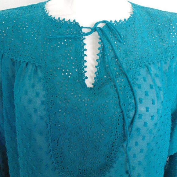 MATILDA JANE Tunic, L, Teal, Swiss Dots, Eyelet Yoke, Long sleeves, Tie neck - Picture 9 of 15